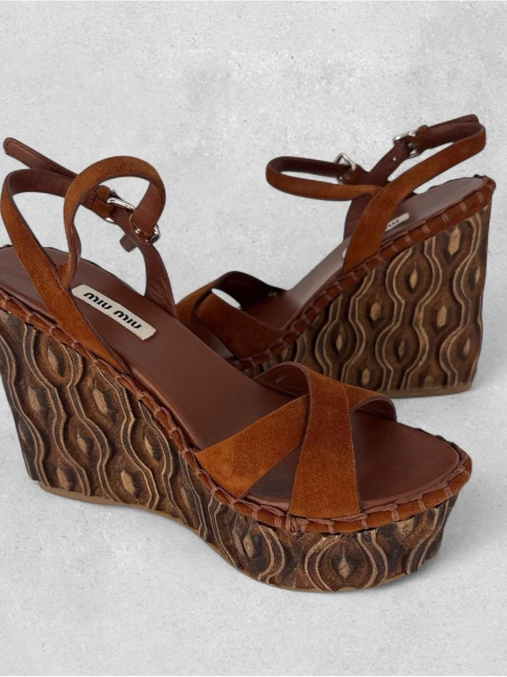 Miu Miu Brown Suede Platform Wedge Sandals